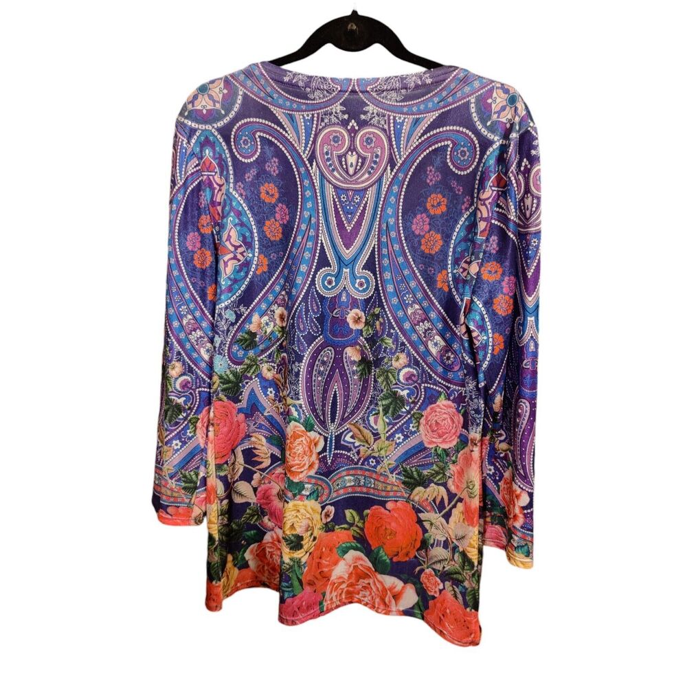 Dudalina Women's Tunic Blouse Stretch 70s Style Roses Shimmer 3/4 Sleeve M/L - Picture 2 of 10